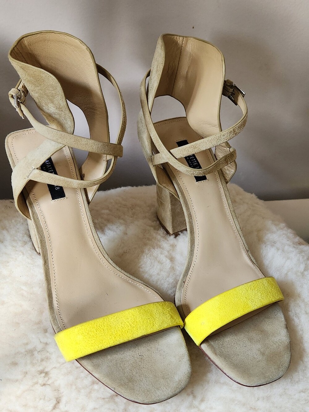 Lafayette 148 New York Suede Block-Heel Sandals with Yellow Strap